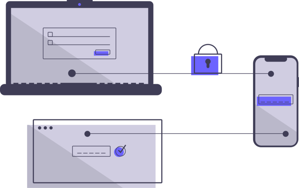 Illustration of a laptop, phone and padlock connected together